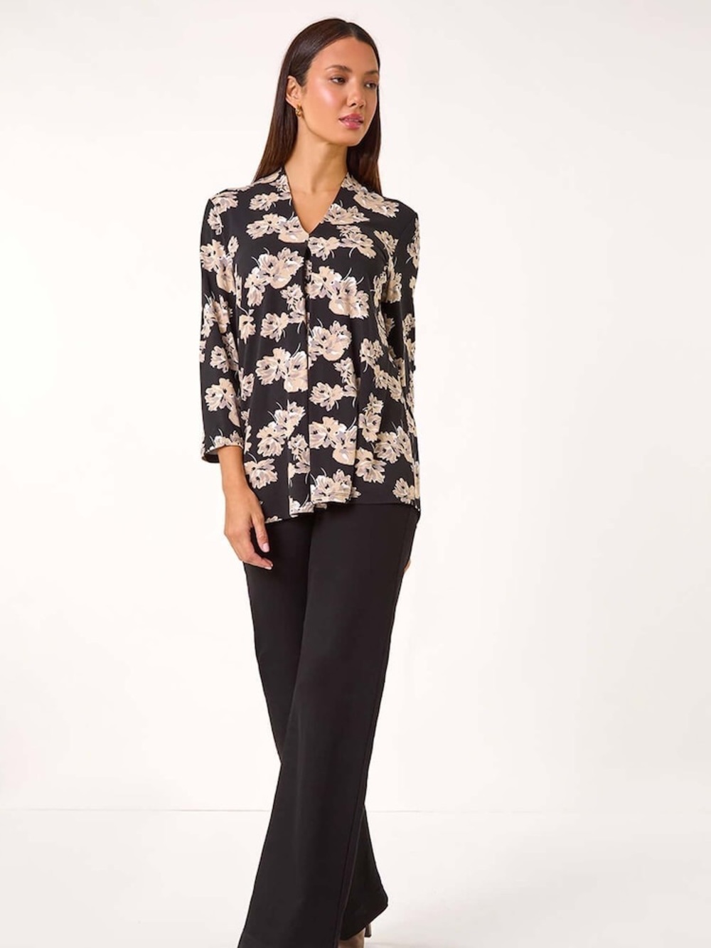 Blouse/Tunic V-Neck Long Sleeves Loose Fit Top Neutral Print Colors Size S